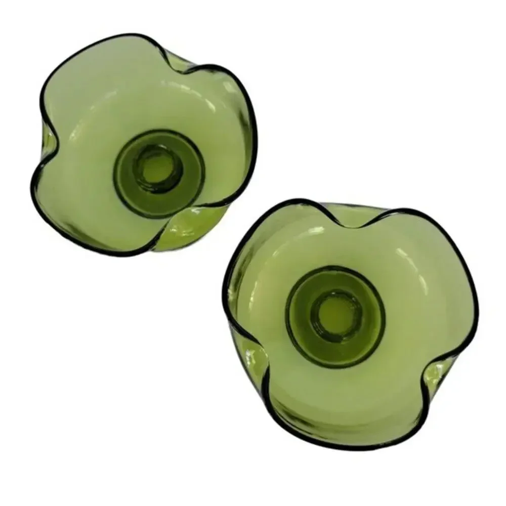 Vintage Green Glass Candle Holders Set of 2 Organic Wavy Retro Decor